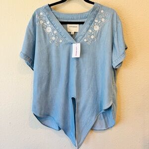 Sold Lucky Brand Buttery Soft Denim Floral Embroidered Blouse Tie Front NWT M